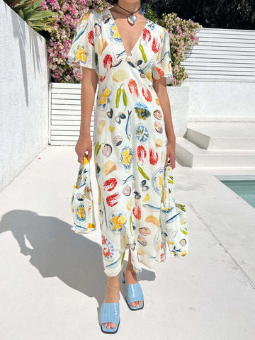 Printed V Neck Short Sleeve Dress