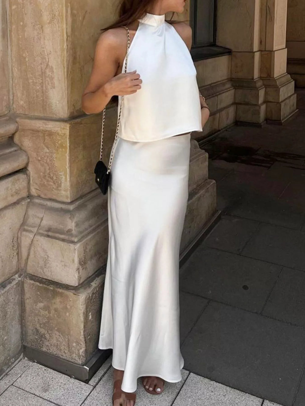 Satin Halter Neck Top and Maxi Skirt Two-Piece Set