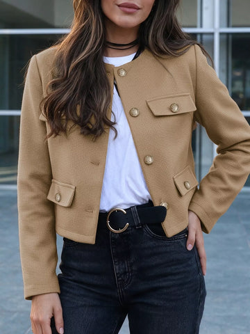 Textured Cropped Jacket with Gold-Tone Button