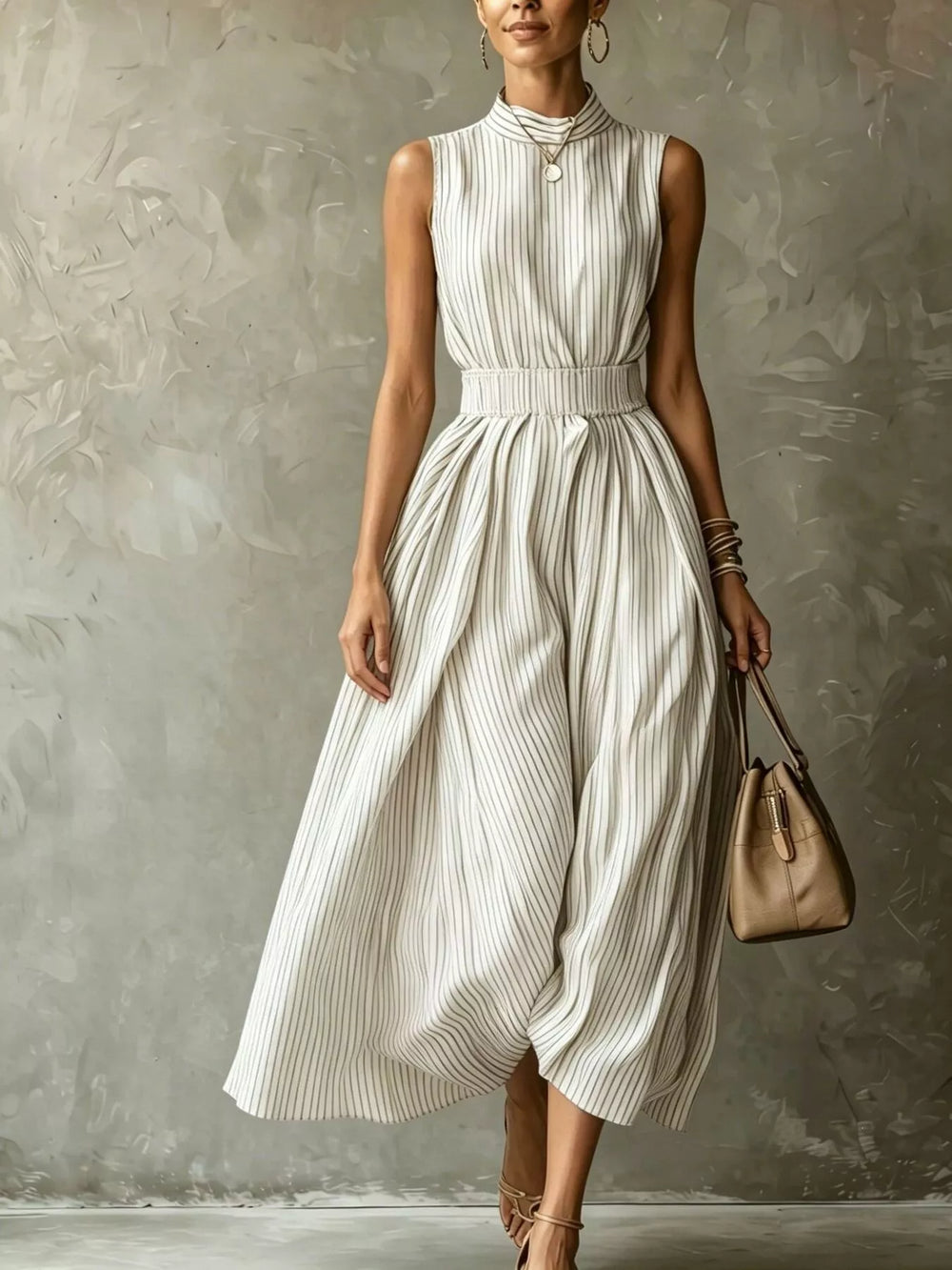 Striped Mock Neck Sleeveless Maxi Dress