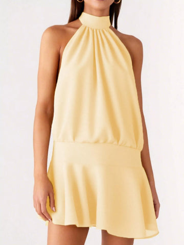 Backless Halter Gathered Waist Dress
