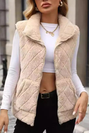 Fuzzy Plaid Textured Zip-Up Vest