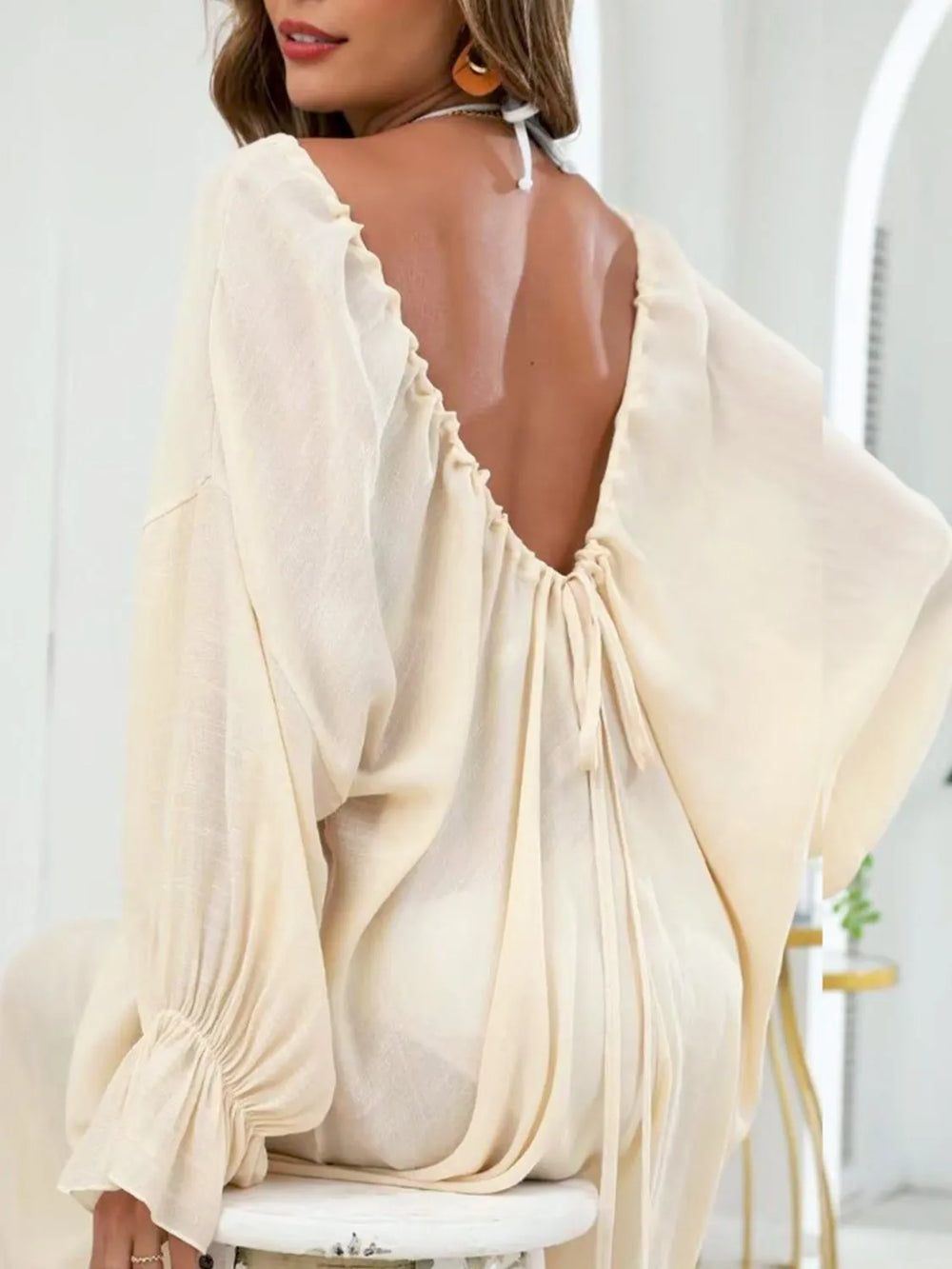 Backless Drawstring Back Flounce Sleeve Cover Up