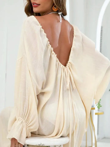 Backless Drawstring Back Flounce Sleeve Cover Up