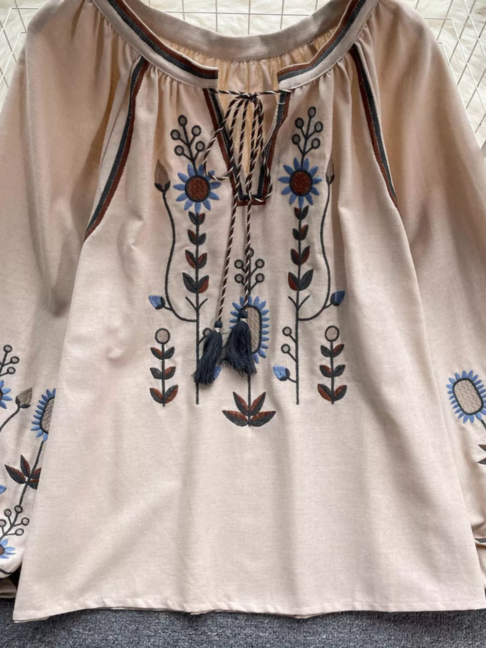 Embroidered Tie Neck Blouse