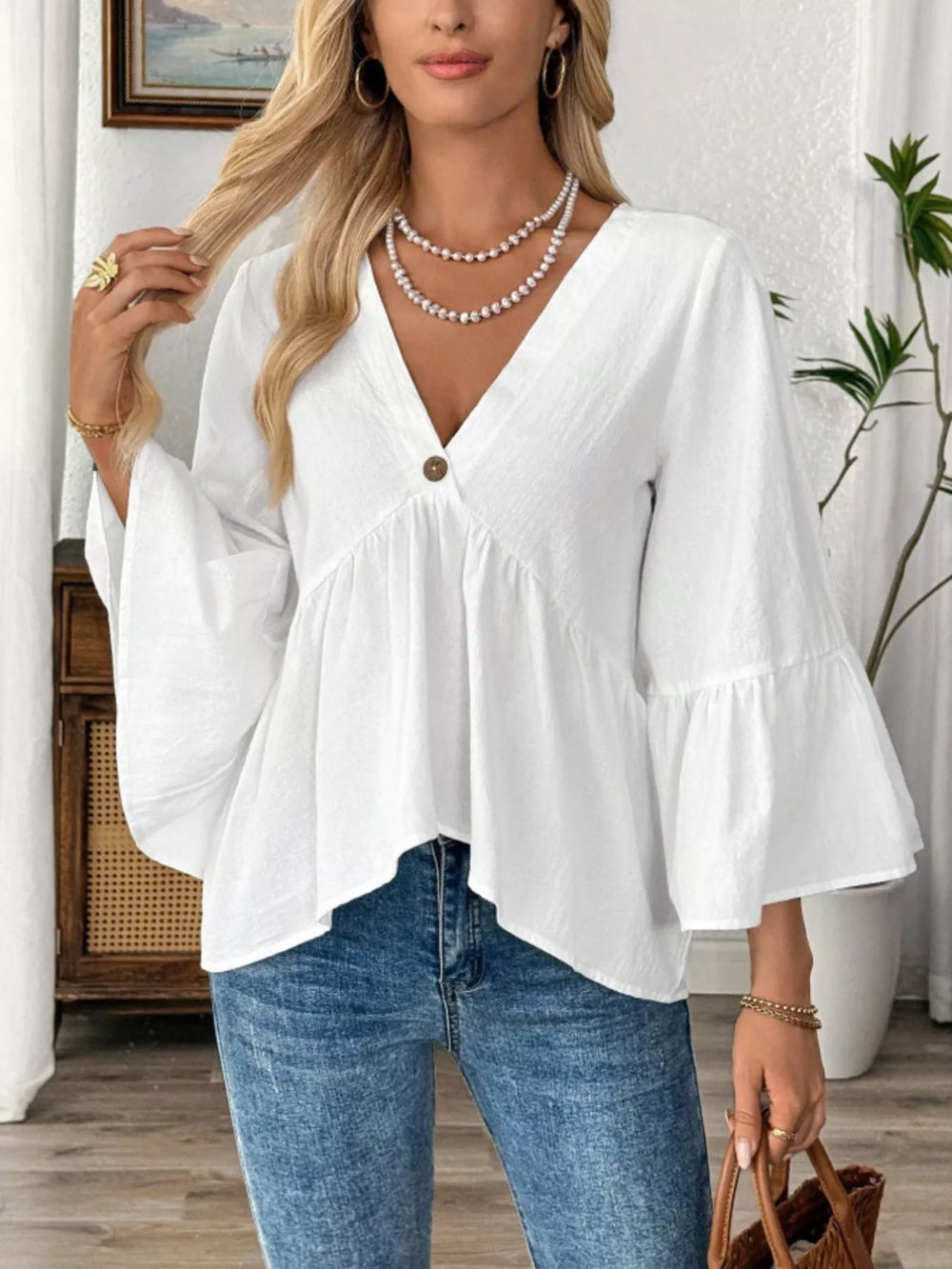 V Neck Bell Sleeve Blouse
