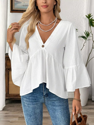 V Neck Bell Sleeve Blouse