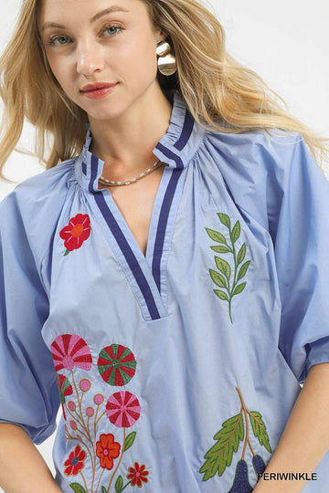 Umgee Embroidered Floral V Neck Blouse