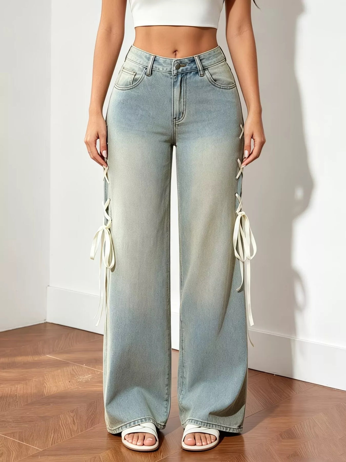 Lace-Up Wide-Leg Jeans