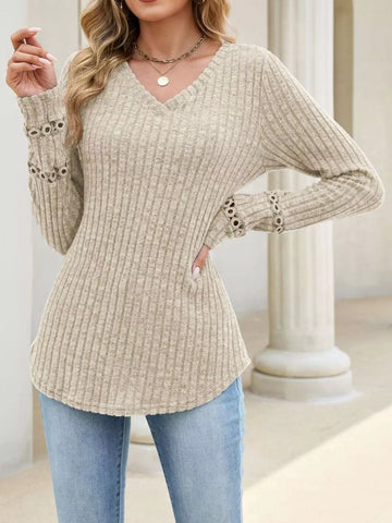 V-Neck Ribbed Knit Top with Eyelet Cuff Detail