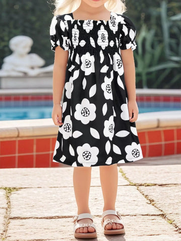 Children's Floral Print Smocked Casual Dress