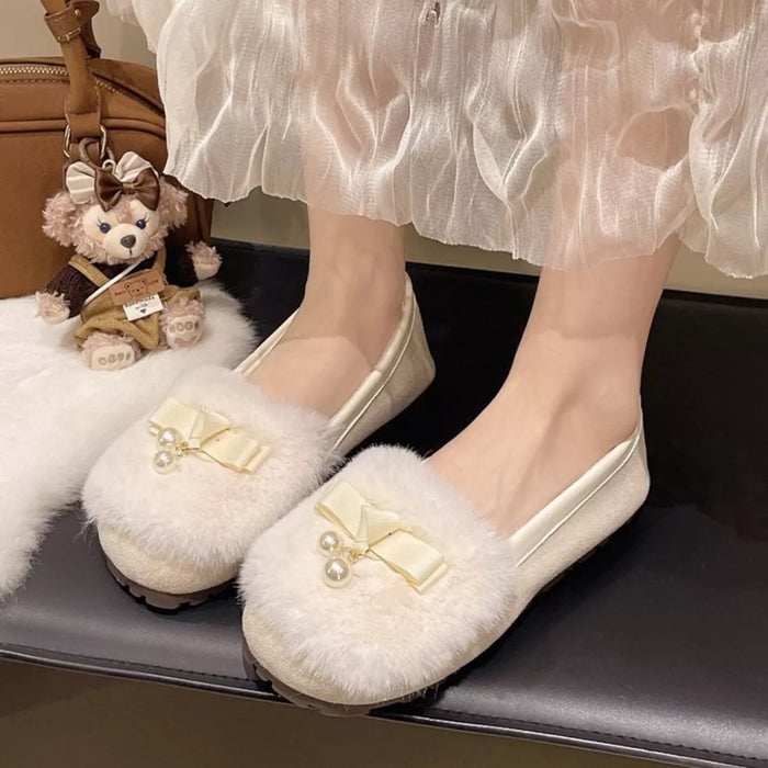Fuzzy Pearl Bowknot Slip Ons