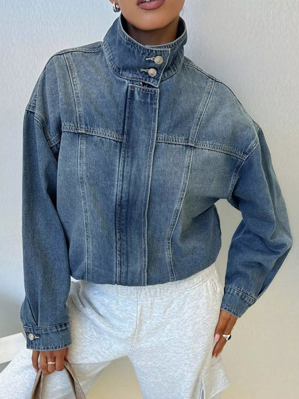 Washed Stand-Up Collar Denim Jacket