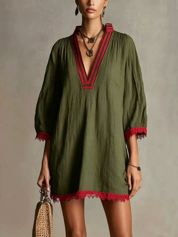 Lace Trim Notched Mini Dress