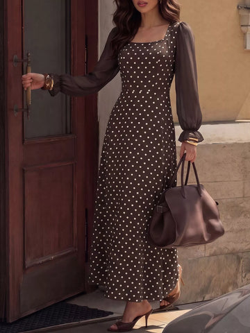Polka Dot Square Neck Long Sleeve Maxi Dress