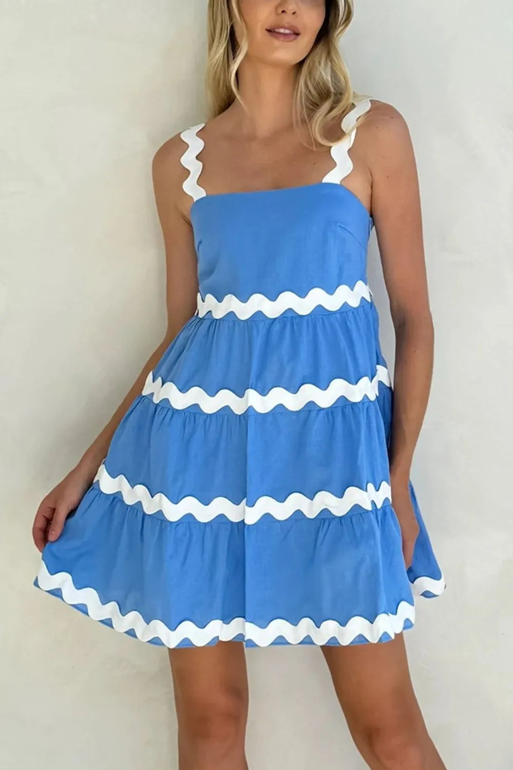Contrast Trim Square Neck Tiered Mini Dress