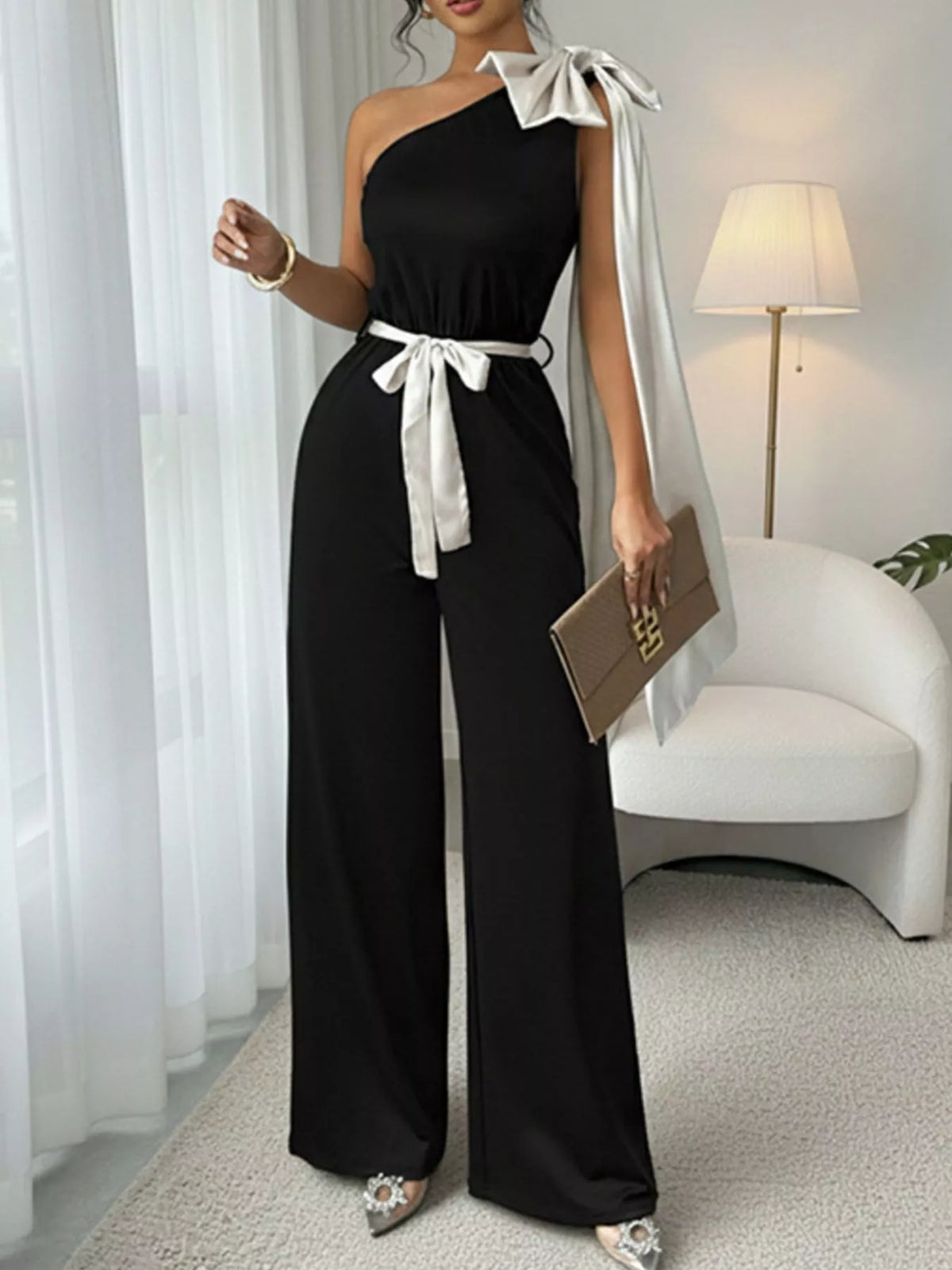 One Shoulder Bowknot Wide Leg Jumpsuit