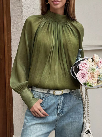 Mock Neck Lantern Sleeves Blouse