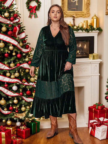 Plus Size Lace Patchwork V Neck Balloon Sleeve Midi Dress