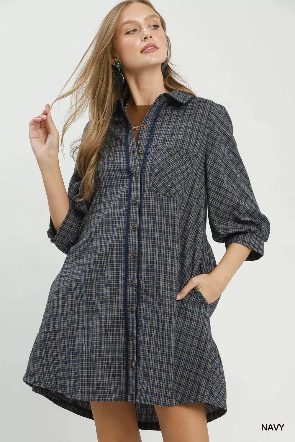 Umgee Plaid Button Down Oversized Shirt Dress