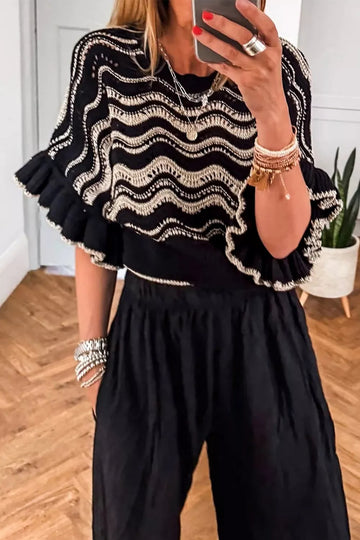 Wave Pattern Ruffle Sleeve Sweater