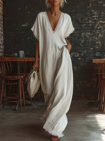 Full Size Lace Trim V Neck Maxi Dress Plus Size