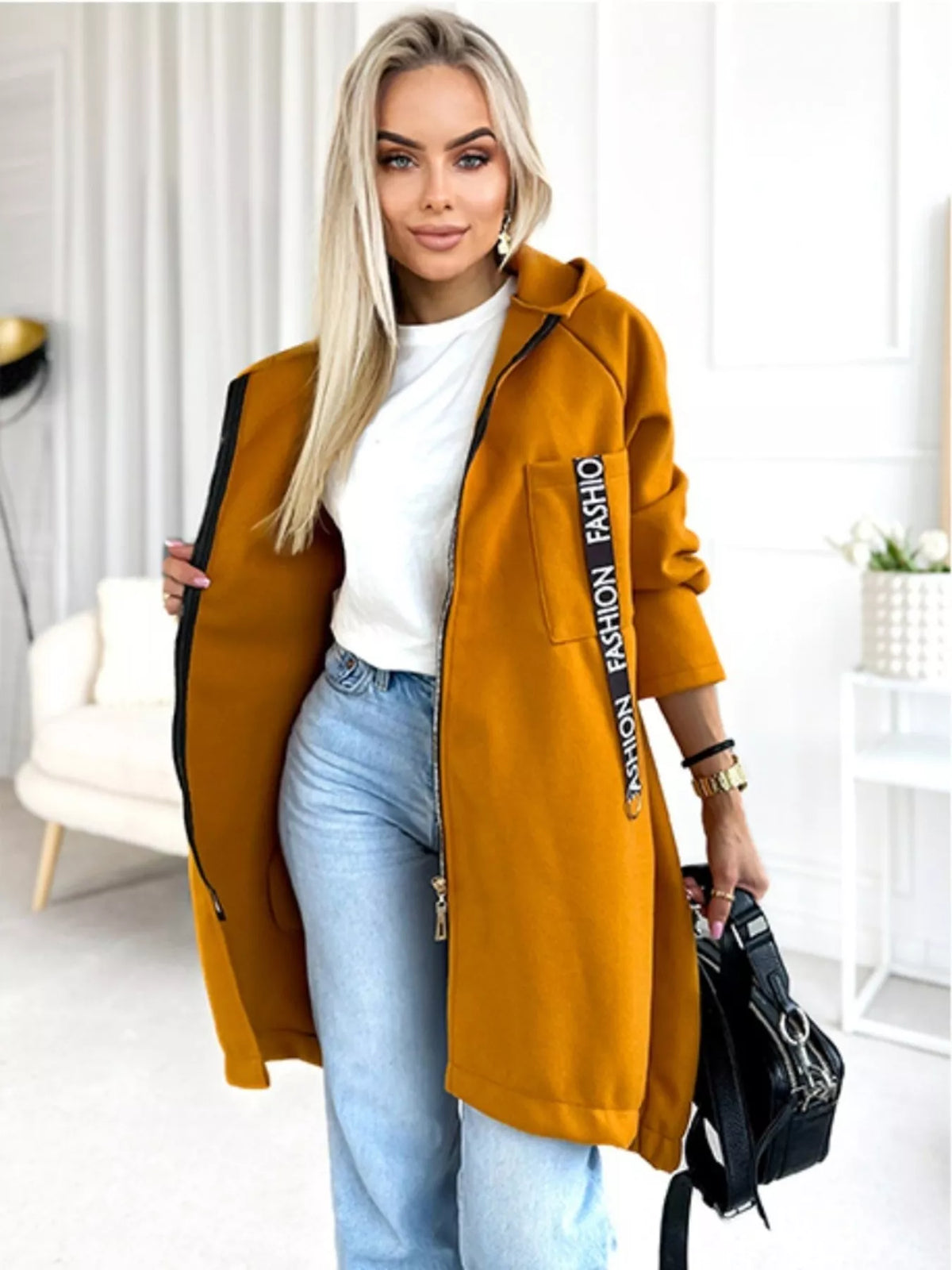 Full Size Zip Up Longline Hooded Outerwear Plus Size