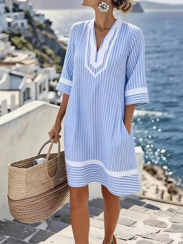 Striped V Neck Casual Dress