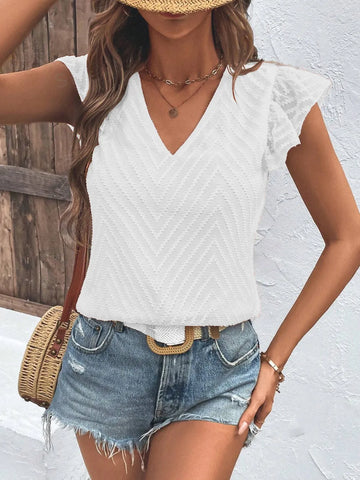 Textured V Neck Cap Sleeve Blouse