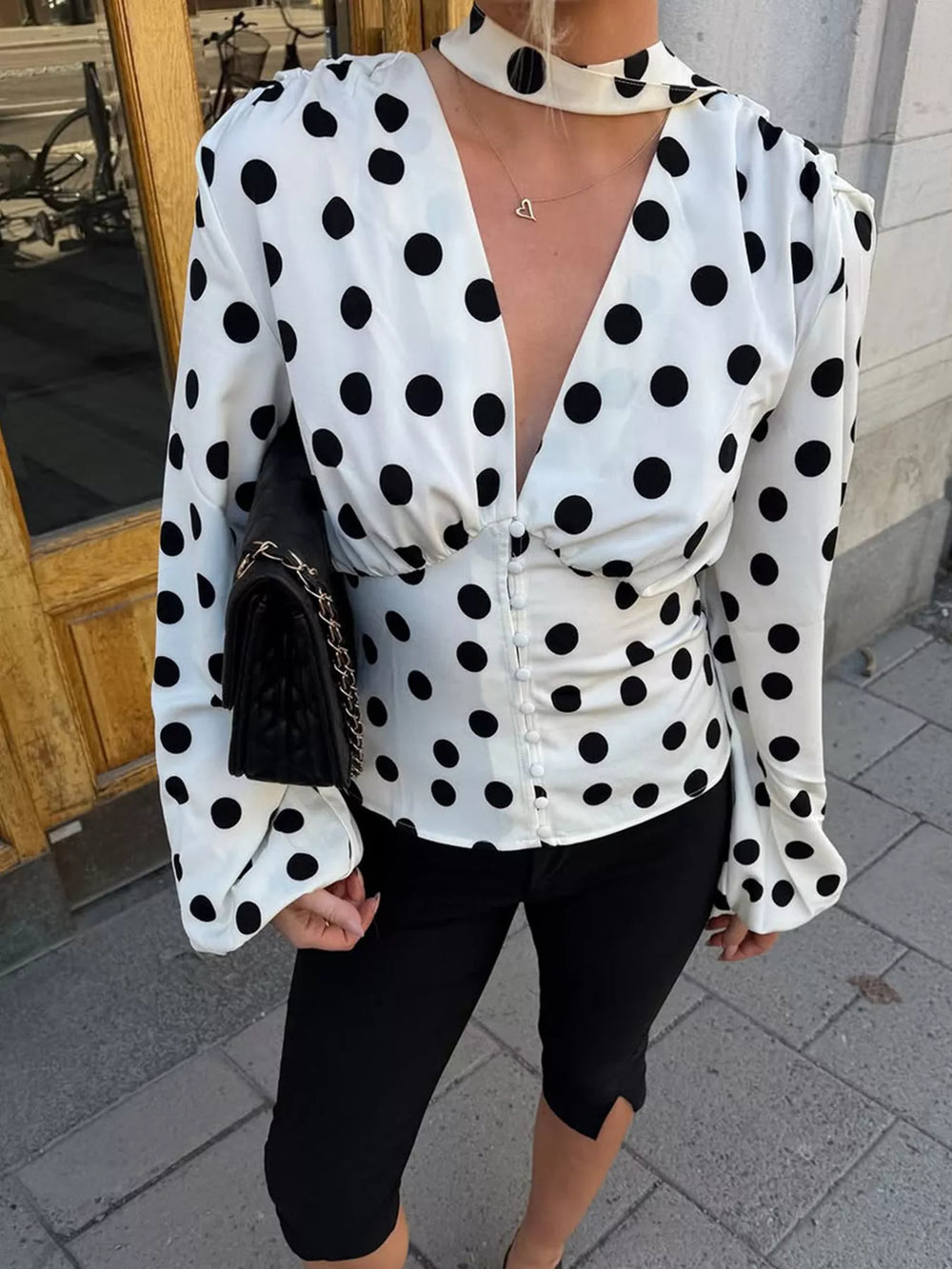 Polka Dot Balloon Sleeve Blouse