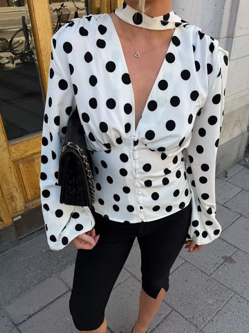Polka Dot Balloon Sleeve Blouse