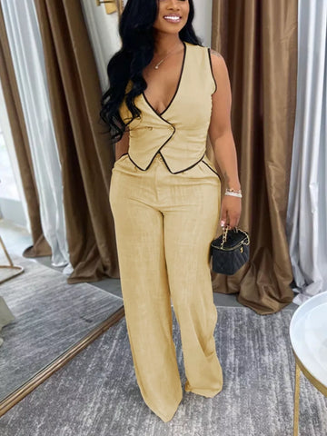 Contrast Trim Vest and Wide-Leg Pants Two-Piece Set