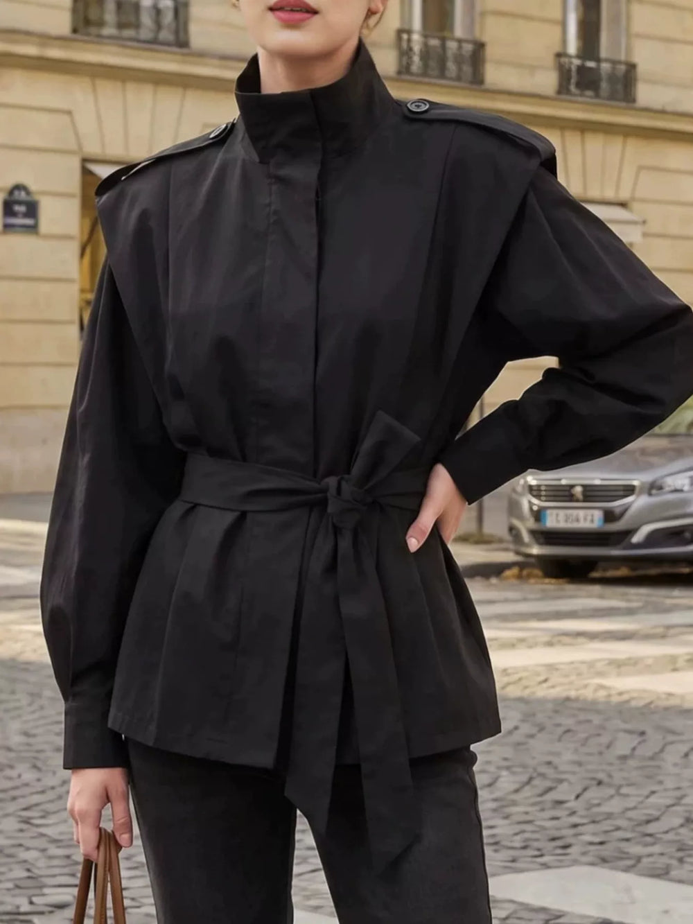 Stand-Collar Belted Outerwear