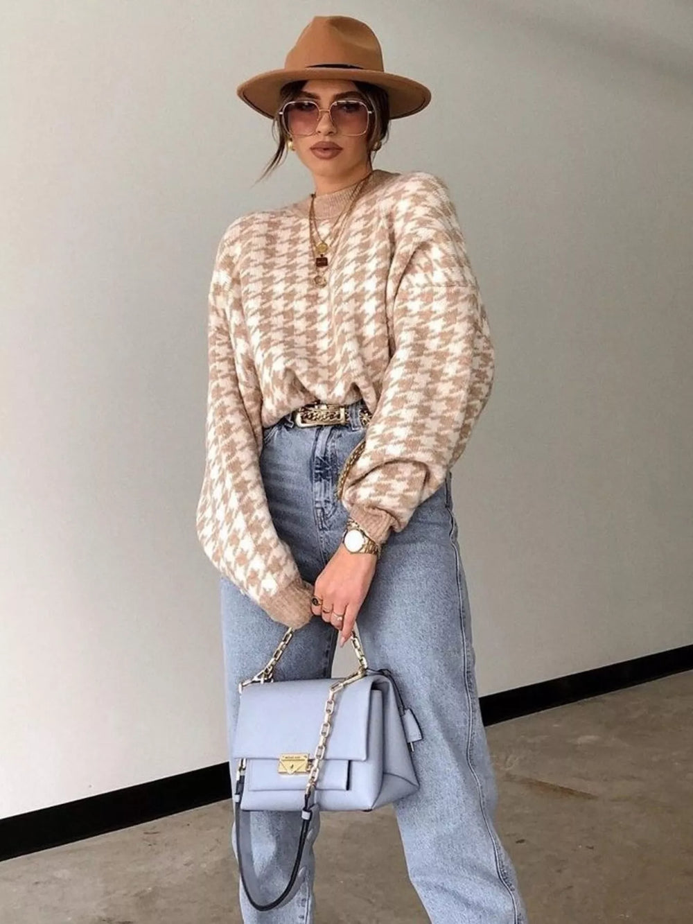 Houndstooth Pattern Oversized Sweater
