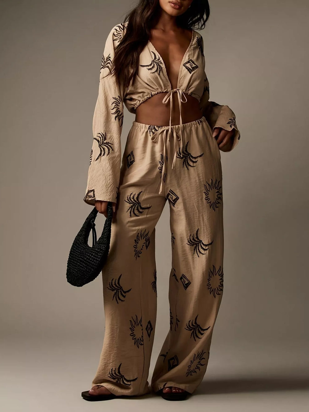 Printed Crop Top and Wide-Leg Pants Set