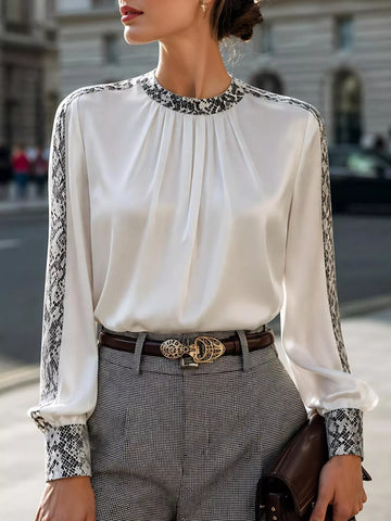 Snake Print Contrast Trim Satin Blouse