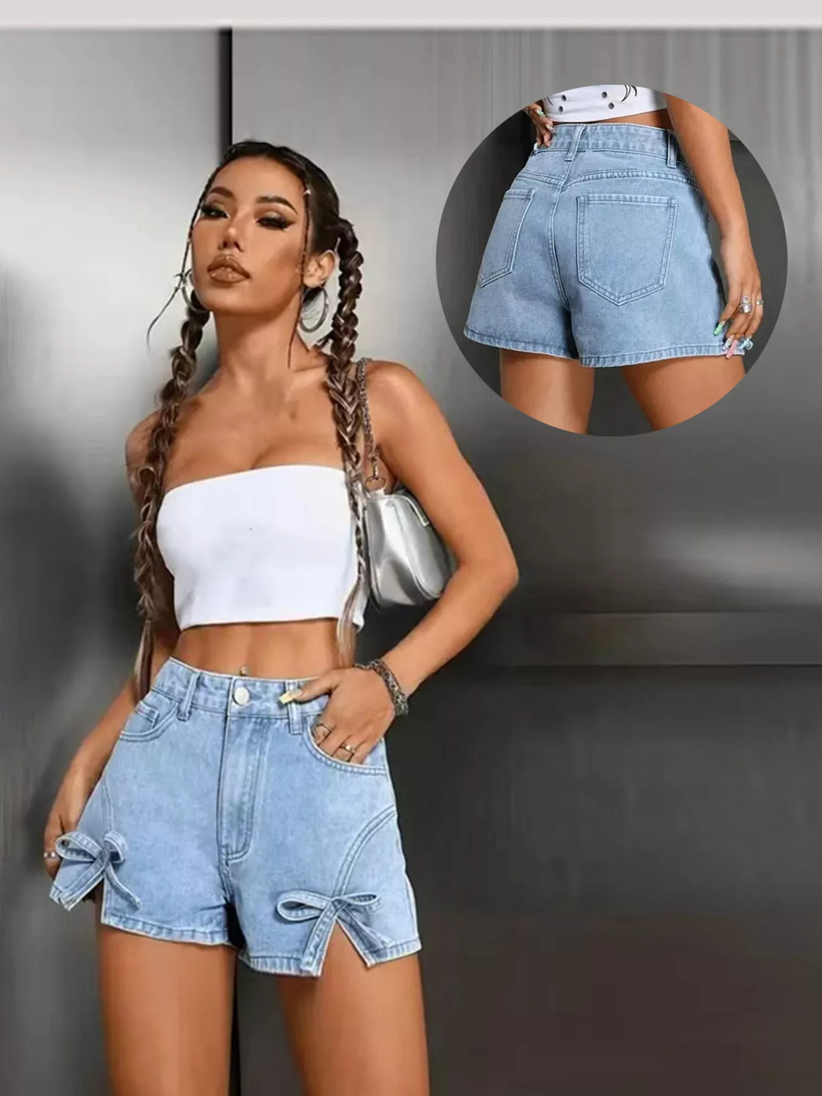 Bow High-Waist Denim Shorts