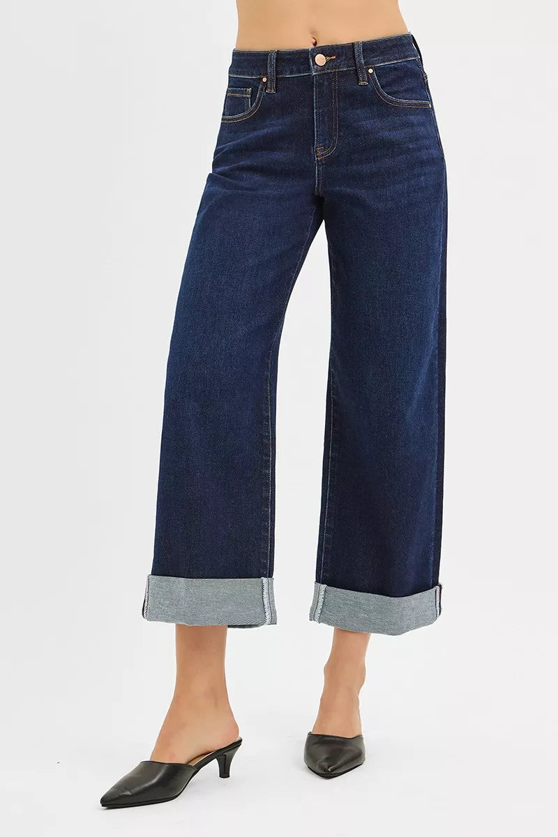 RISEN Mid Rise Fit Ankle Wide Roll Up Jeans