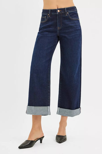 RISEN Mid Rise Fit Ankle Wide Roll Up Jeans