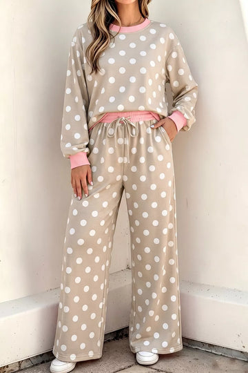 Polka Dot Contrast Trim Long Sleeve Top Drawstring Shift Pants Set