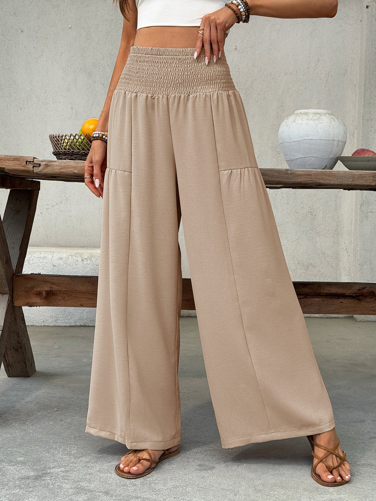 Smocked Waist Wide Leg Pants