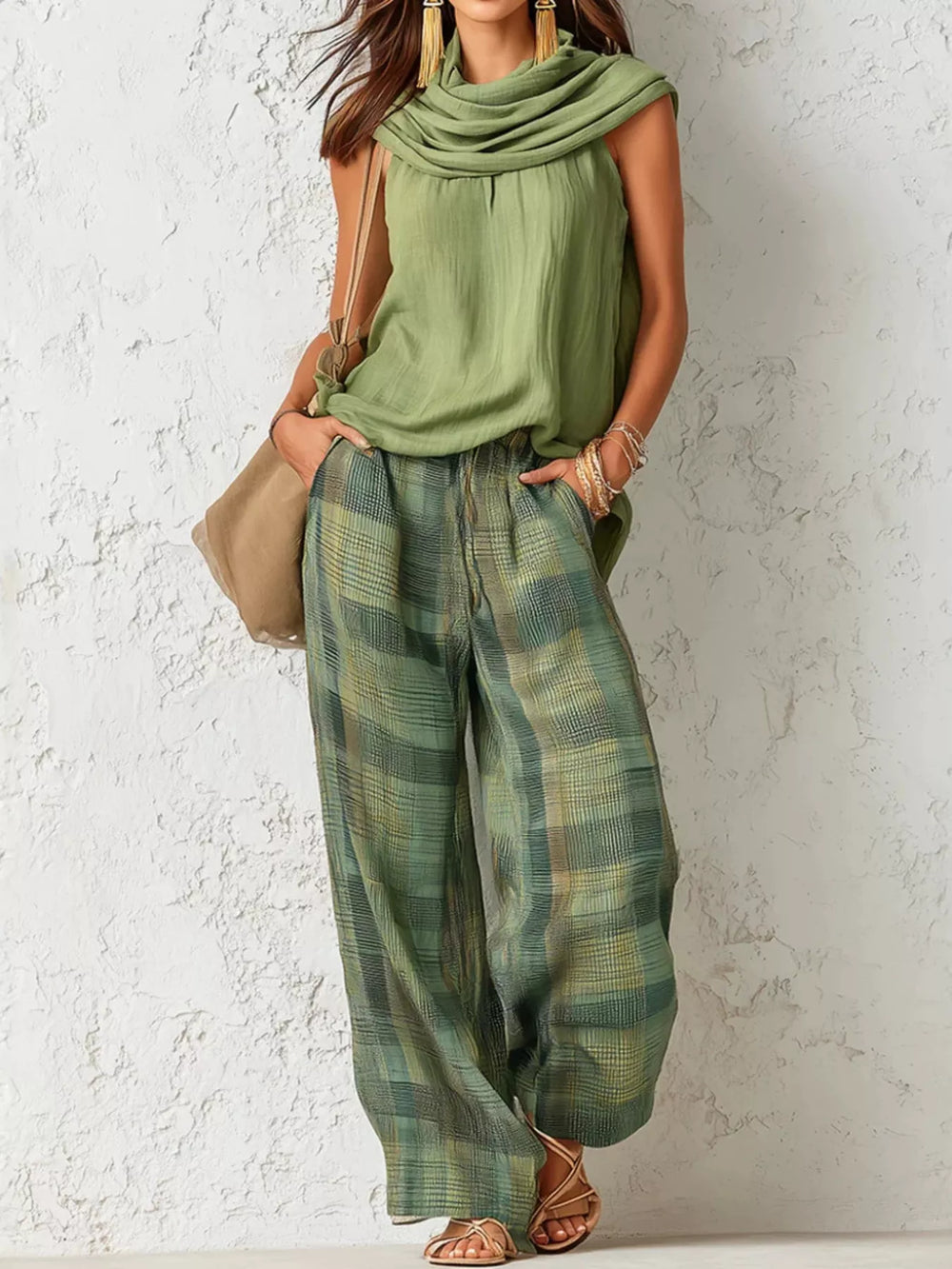 Sleeveless Cowl Neck Top and Plaid Wide-Leg Pant Set