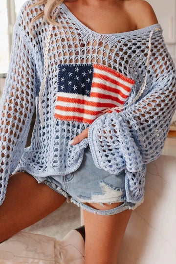 Hollow Out Crochet Knit American Flag Patched Knit Cover Up