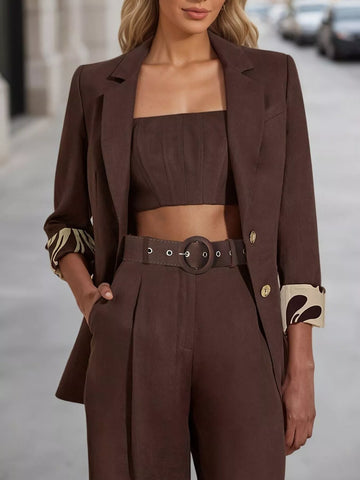Lapel Collar Blazer and Wide Leg Pants Set