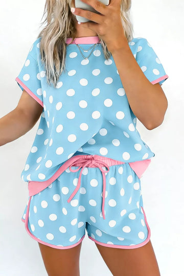 Polka Dot Contrast Trim Top and Drawstring Shorts Set