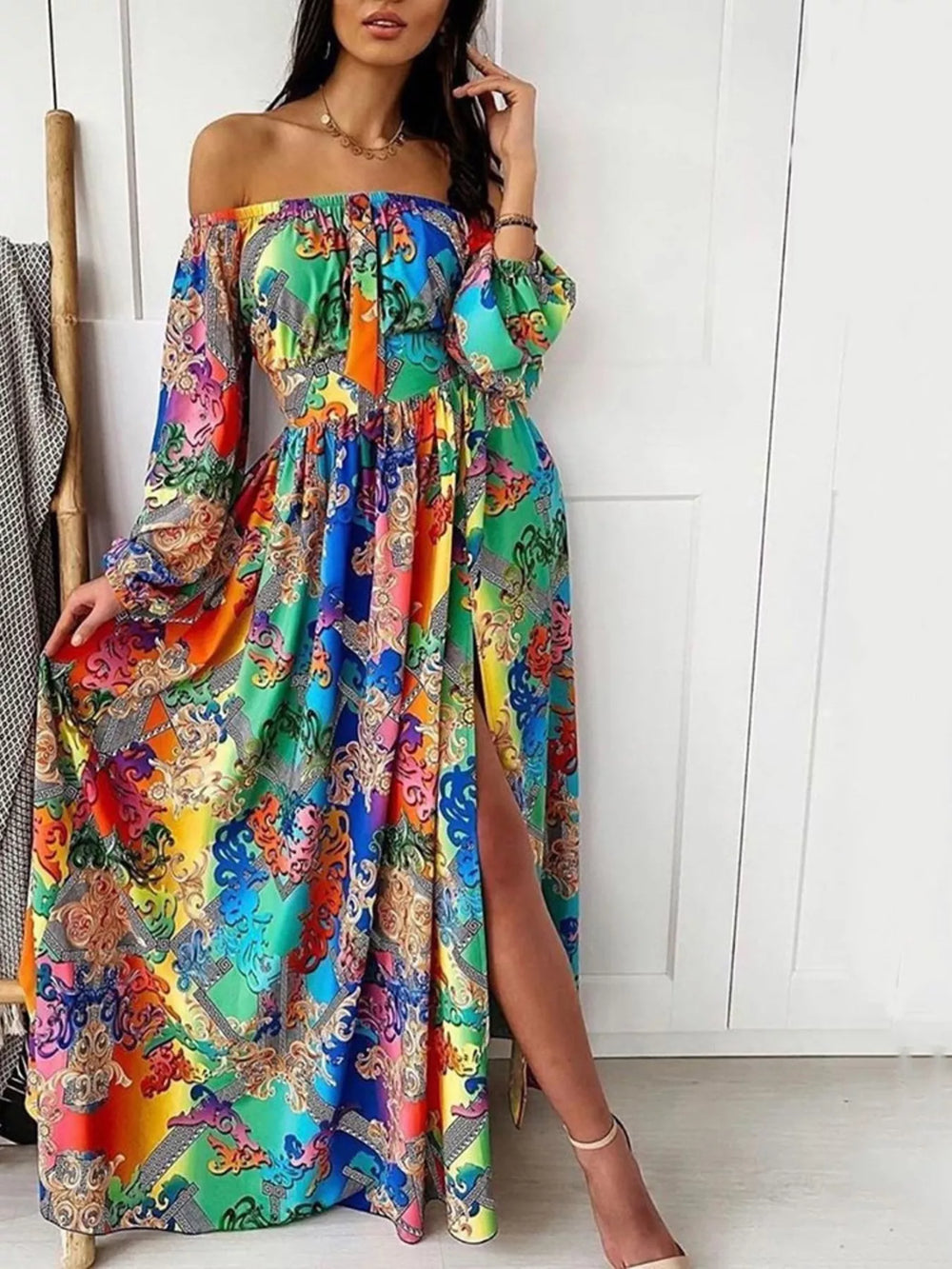 Printed Off Shoulder Slit Maxi Dress