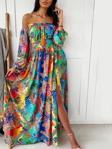 Printed Off Shoulder Slit Maxi Dress