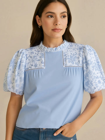 Lace Insert Floral Puff Sleeve Patchwork Loose Blouse