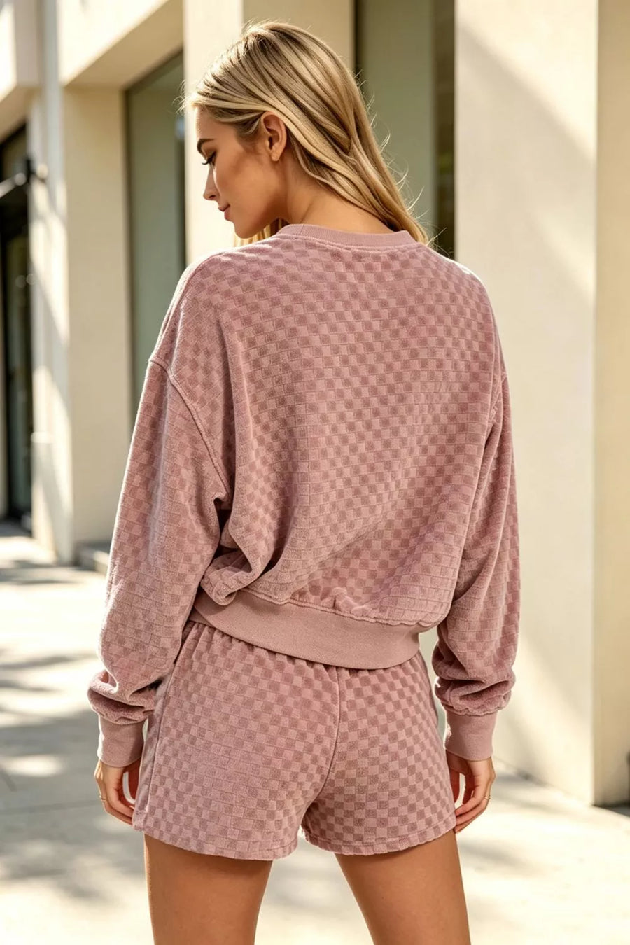 Oh Full Size Checkered Crewneck Cropped Sweatshirt and Elastic Waist Shorts Set Plus Size