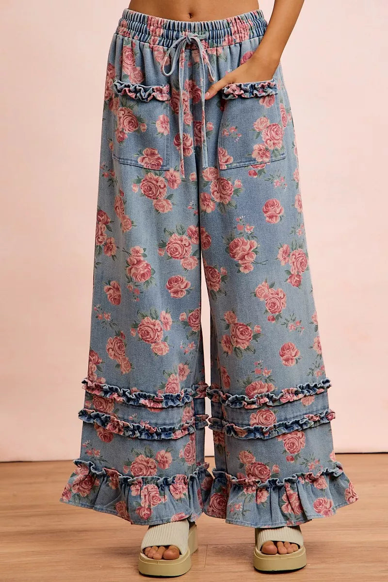 BiBi Washed Floral Wide-Leg Denim Pants